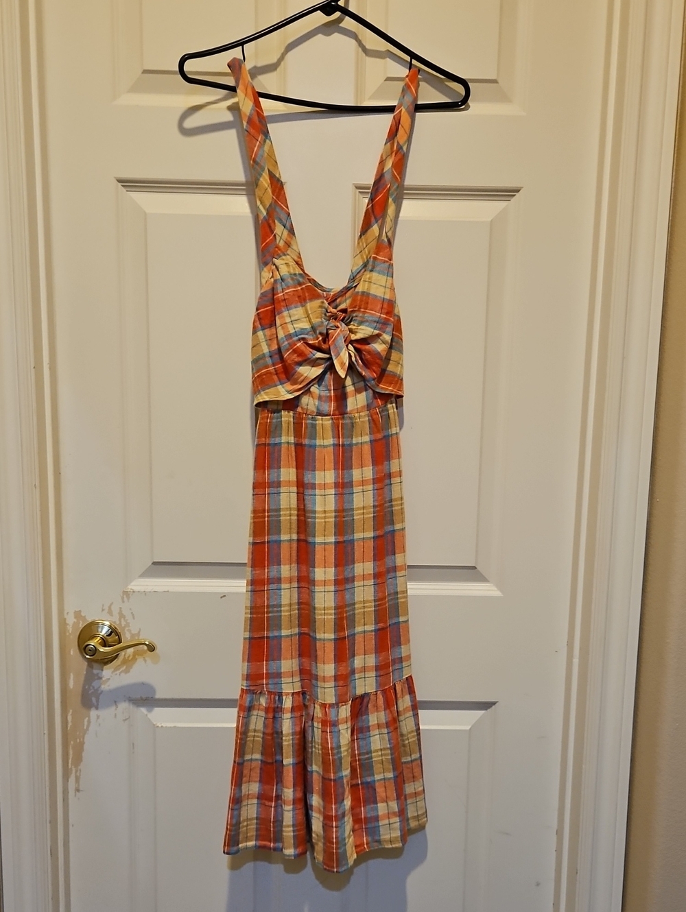 LC Lauren Conrad Orange and Cream Plaid Tie-Front Midi Dress